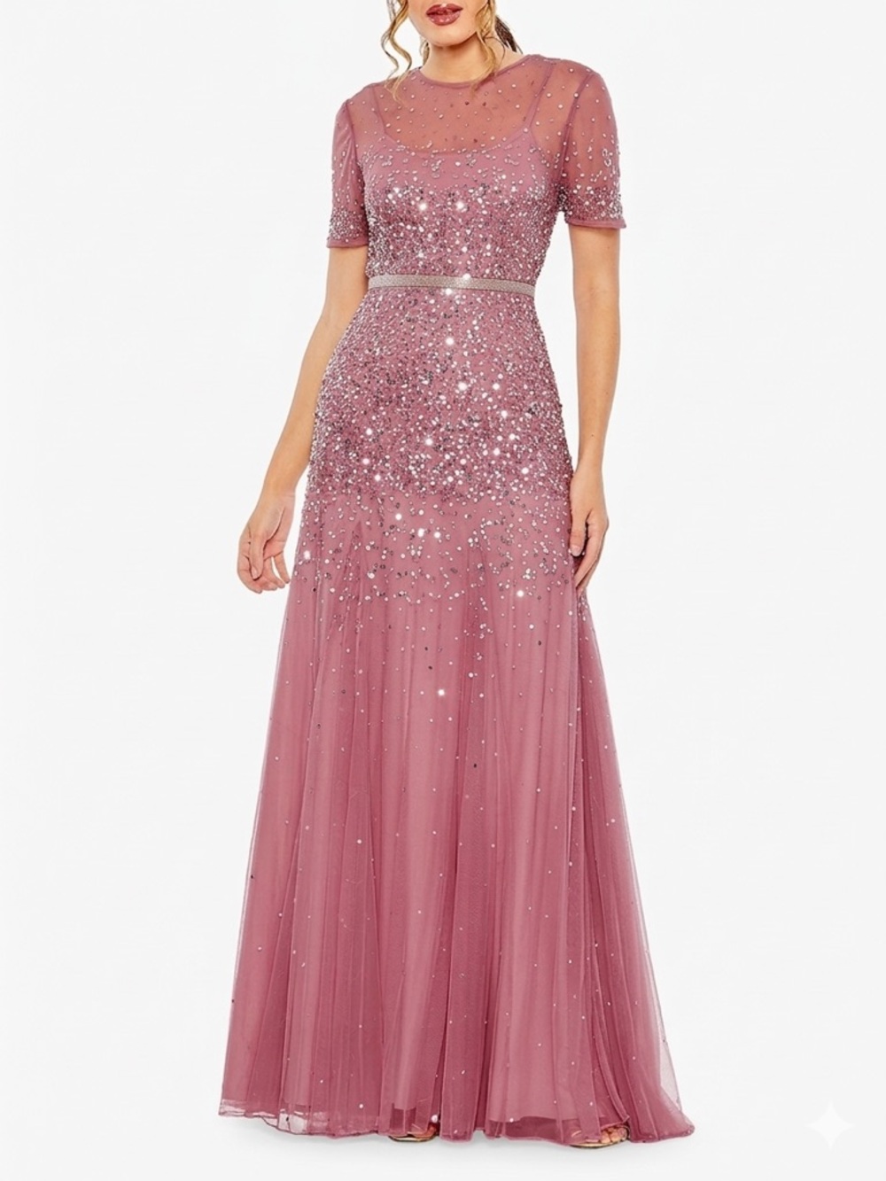 Mac Duggal Pink Sequined crew neck short sleeves Tulle Gown maxi dress size 8
